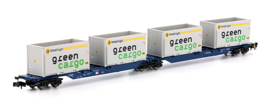 Kato HobbyTrain Lemke H23718-2 - 2pc Container Car Set Type Sggmrs 715 Green Cargo of the DB AG 